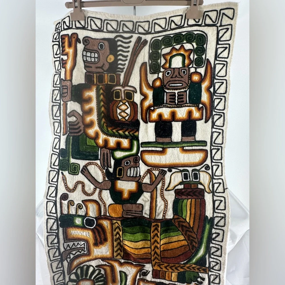 Vintage Embroidered Aztec Mayan Inca Wall Hang Folk Art Hand Woven Tapestry